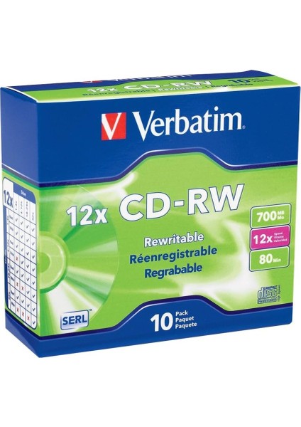 Cd-Rw 700MB 4X-12X Yeniden Yazılabilir Boş Medya - Ince Mücevher Kılıflarında 10 Disk, Gümüş