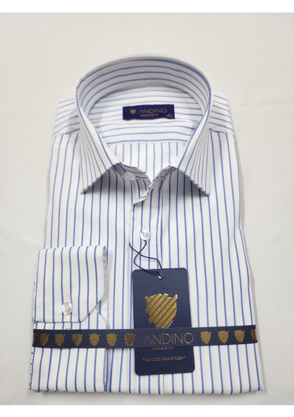 Regularfit Mavi Çizgili Erkek Gömlek Likralı Esnek Kumaş Yaka Alttan Düğmeli AR0720711-11