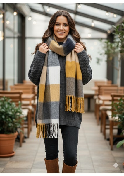 Unisex Puffy Ekoseli Şal Atkı 45X220 cm fırsatları