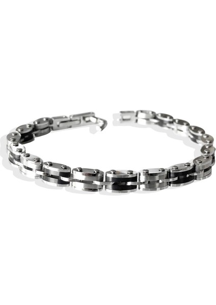 Çift Taraflı Siyah Sılver Çelik Erkek Bileklik