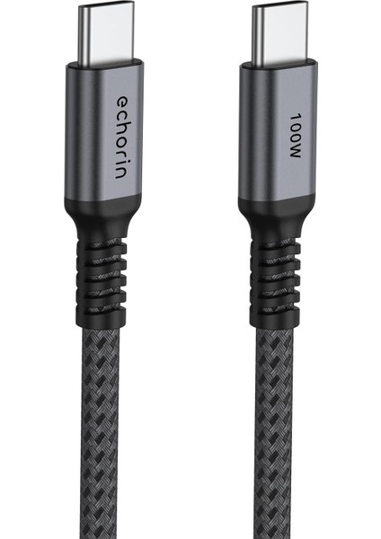 Şarj ve Veri Aktarım Kablosu 20V5A, Type C'den Type C'ye, 100W, Çift Kat Örgülü (Gri, 2 Metre)