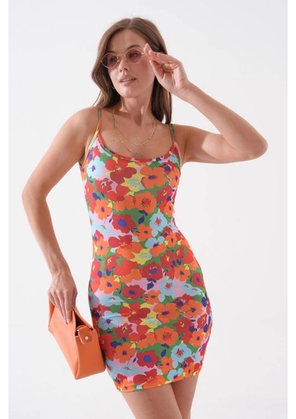 Kadın Ince Askılı Desenli Elbise S8105