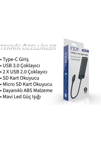 Inca Itpc-5t Type-C Giriş 2xusb Sd-Micro Sd2.0 Çoklayıcı USB 3.0 Çoklayıcı Çevirici Mavi LED fiyatları