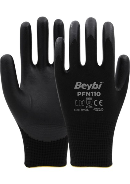 PFN110 9 Beden Siyah Polyester Örgü Üzeri ½ Köpük Nitril Kaplı Eldiven 12LI Paket EN388 (3131X)