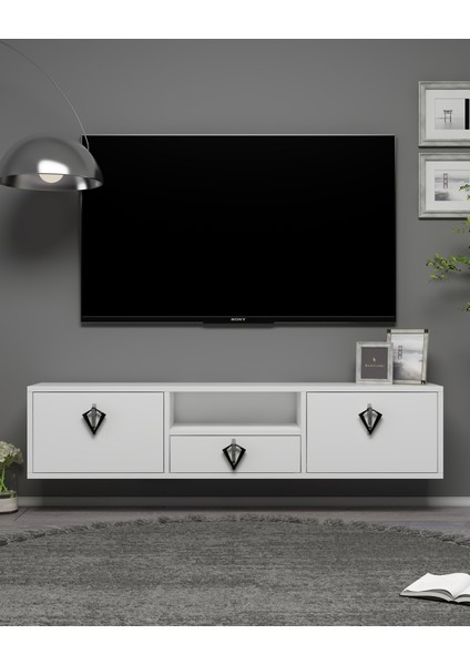 1314DROPDD-32 Duvara Montaj Tv Sehpası-Beyaz-Gümüş