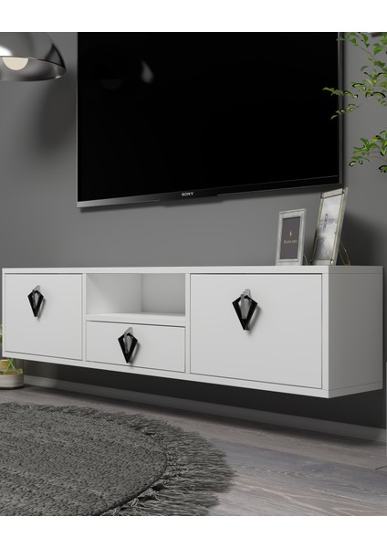 1314DROPDD-32 Duvara Montaj Tv Sehpası-Beyaz-Gümüş