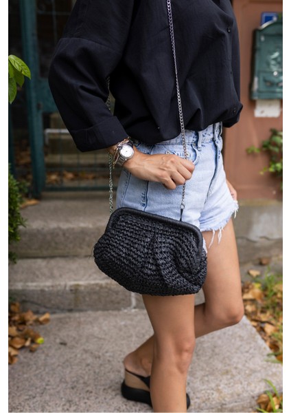 Jude Kadın Siyah Ithal Raffia El Örgusu Hasir Çanta