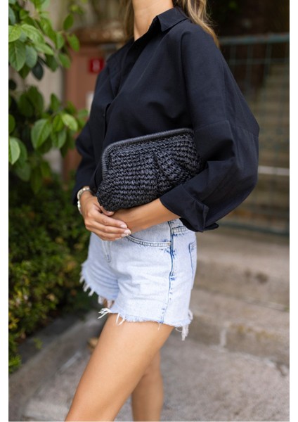 Jude Kadın Siyah Ithal Raffia El Örgusu Hasir Çanta fırsatları