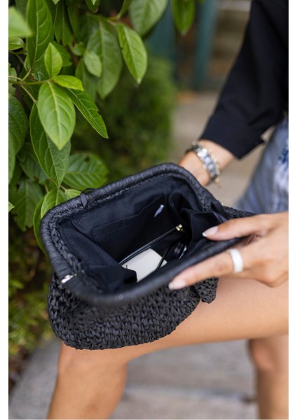 Jude Kadın Siyah Ithal Raffia El Örgusu Hasir Çanta