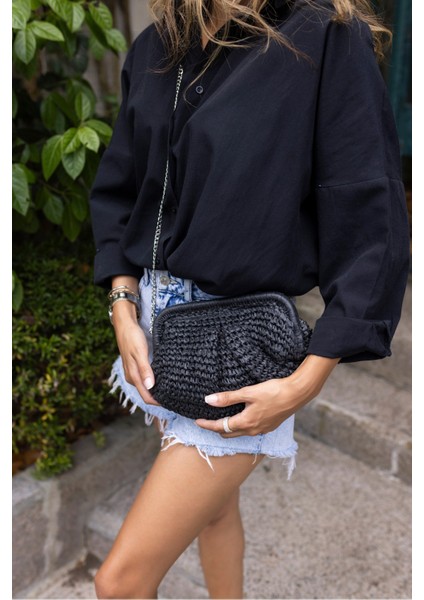 Jude Kadın Siyah Ithal Raffia El Örgusu Hasir Çanta