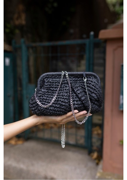 Jude Kadın Siyah Ithal Raffia El Örgusu Hasir Çanta