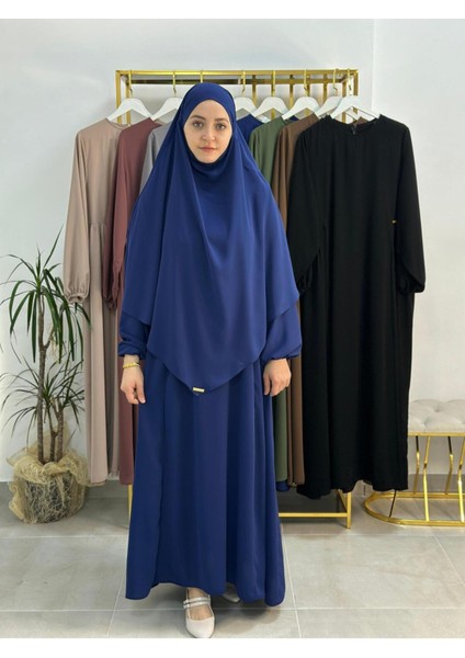 Yandan Büzgülü Elbise Sufle Esarp Takım ( Hac ve Umre Icın Uygundur Indigo