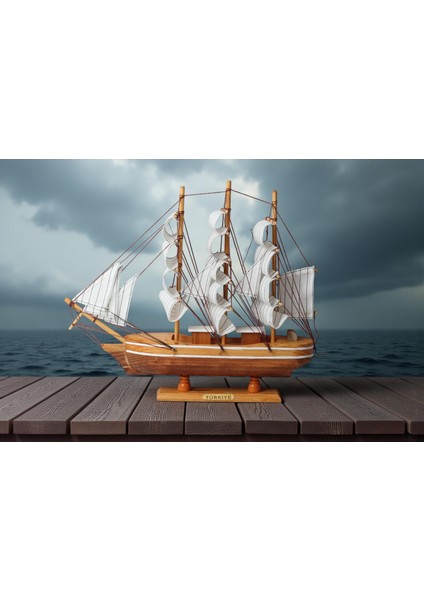 Dekoratif Ahşap El Yapımı Yelkenli Gemi Maketi Masaüstü Biblo Ev Ofis Hediyesi 40 Cm. Model B