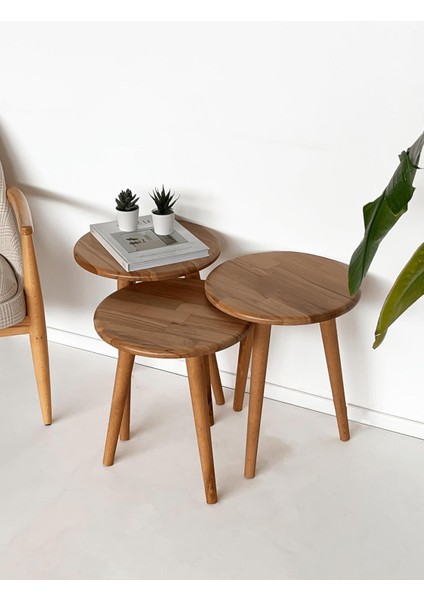 Masif Ahşap Yörünge Sehpa Seti - 3'lü Zigon Yuvarlak Modern Takım (Yan, Dekoratif Sehpa)'' (Kayın)