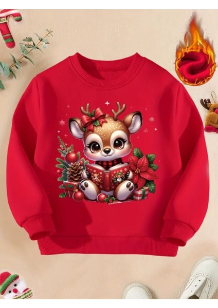 Punıx Özel Tasarım Yılbaşı Noel Temalı Kitap Okuyan Yavru Geyik Baskılı Kışlık Kız Çocuk Sweatshırt