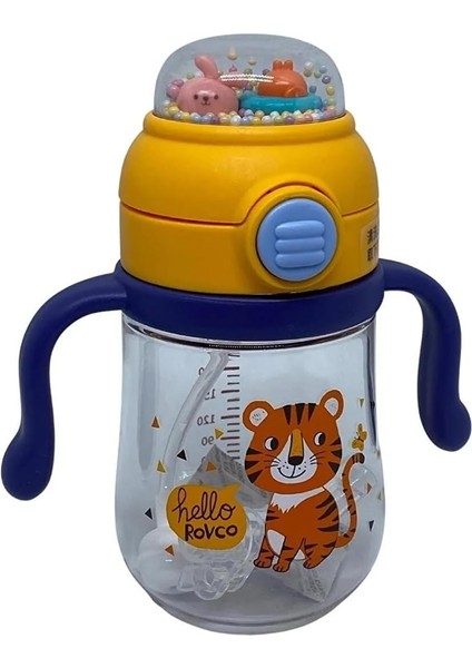 260ML Pipetli Sevimli Arkadaşlar Desenli Çıngıraklı Akıllı Pipet Toplu Tritan Su Matarası (Sarı-Lacivert)