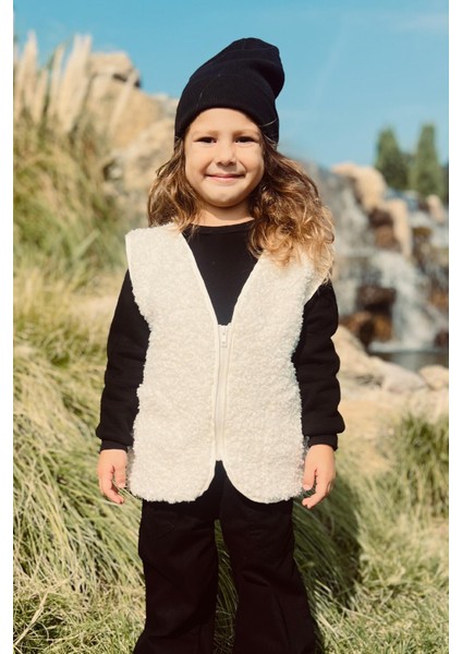 Unisex Çocuk Fermuarlı Cepli Peluş Yelek