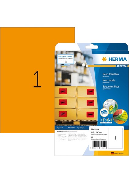 5149 Renkli Etiketler Neon Turuncu, 20 Yaprak, 210 x 297 Mm, 1 Adet A4 Yaprak, 20 Adet, Kendinden Yapışkanlı, Mat, Neon Etiketler, Renkli Çıkartma