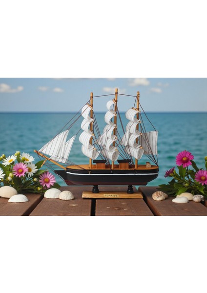Dekoratif Ahşap El Yapımı Yelkenli Gemi Maketi Masaüstü Biblo Ev Ofis Hediyesi 40 Cm. Model E