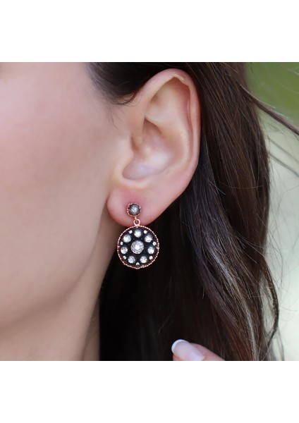 Yuvarlak Elmas Montür Rose Gold Kaplama Gümüş Küpe