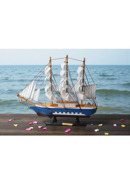 Dekoratif Ahşap El Yapımı Yelkenli Gemi Maketi Masaüstü Biblo Ev Ofis Hediyesi 40 Cm. Model C