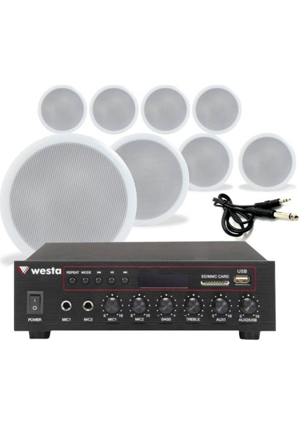 8’li Beyaz Tavan Hoparlörlü 100V Anfi Ses Sistemi | Kafe Mağaza Ofis Müzik Seti