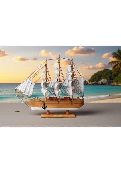 Dekoratif Ahşap El Yapımı Yelkenli Gemi Maketi Masaüstü Biblo Ev Ofis Hediyesi 40 Cm. Model A