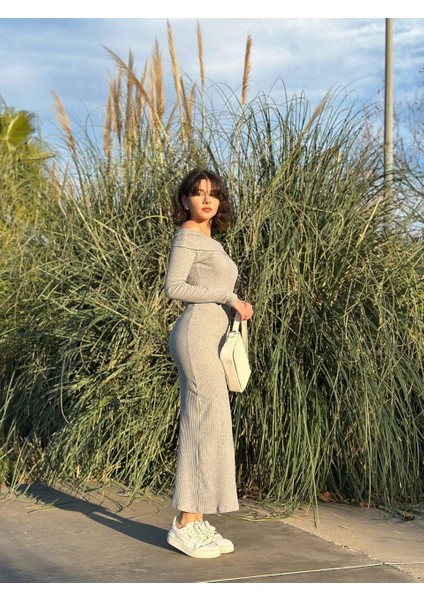 Madonna Yaka Uzun Elbise Şardonlu Kumaş Gri W3753 indirimleri