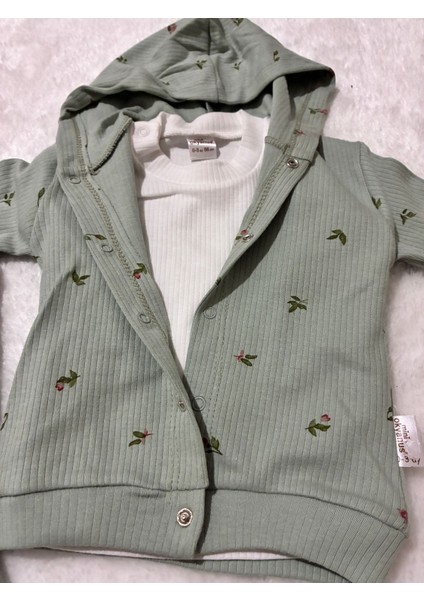 Tuem BABY%100 Pamuk Lale Desen Kapüşonlu Hırka+Uzun Kollu Body+ Lastikli Tayt Üçlü Kız Bebek Takım fiyatları