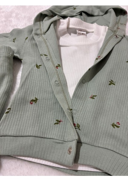 Tuem BABY%100 Pamuk Lale Desen Kapüşonlu Hırka+Uzun Kollu Body+ Lastikli Tayt Üçlü Kız Bebek Takım modelleri