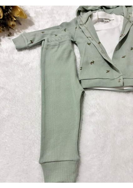 Tuem BABY%100 Pamuk Lale Desen Kapüşonlu Hırka+Uzun Kollu Body+ Lastikli Tayt Üçlü Kız Bebek Takım fırsatları