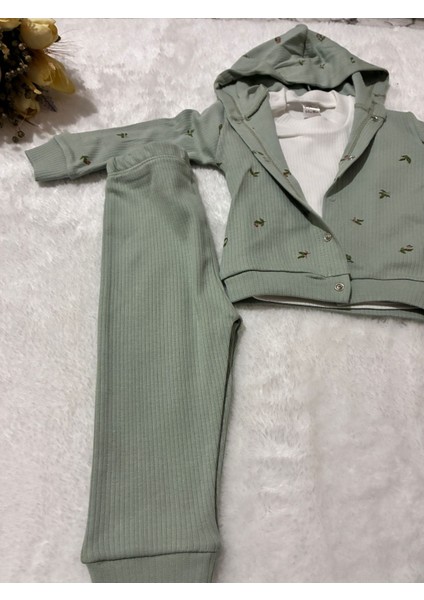 Tuem BABY%100 Pamuk Lale Desen Kapüşonlu Hırka+Uzun Kollu Body+ Lastikli Tayt Üçlü Kız Bebek Takım indirimleri