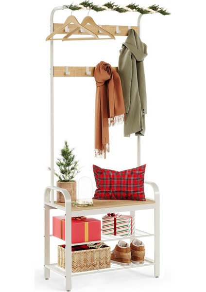 ,, 9 Kancalı Askısı, Oturaklı Ayakkabı Askısı, 3 Raf, Yükseklik 183 Cm, Metal, Krem ​​HSR40W