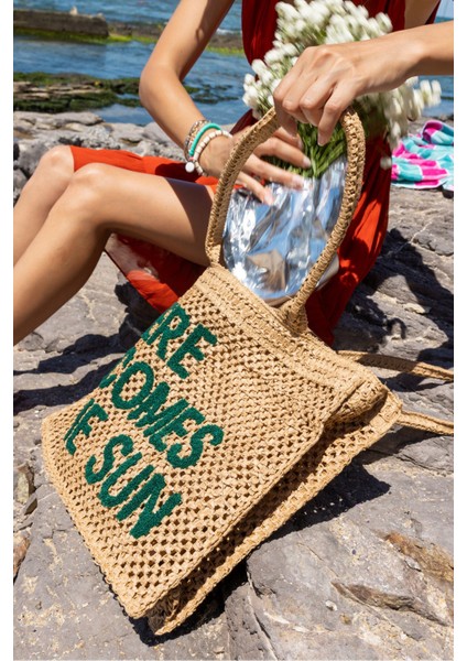 Comes Kadın Nude El Örgusu Hasir Plaj-Gunluk Çanta