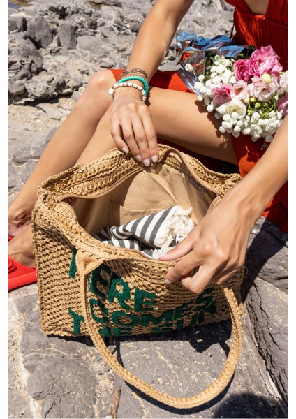 Comes Kadın Nude El Örgusu Hasir Plaj-Gunluk Çanta