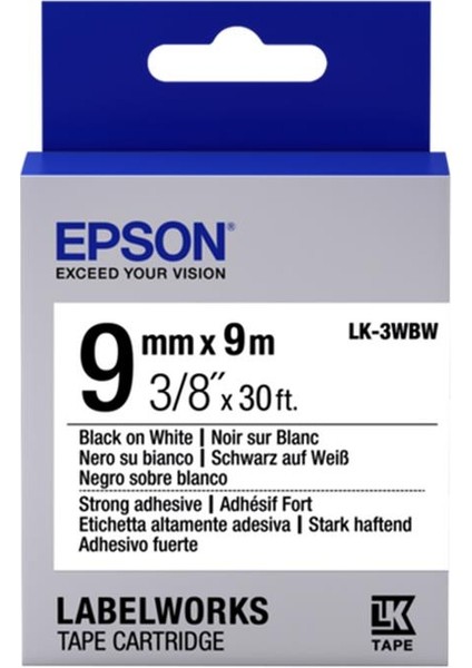 Epson LK-3WBW Güçlü Yapışkanlı Beyaz Üzeri Siyah 9mm 9metre Etiket