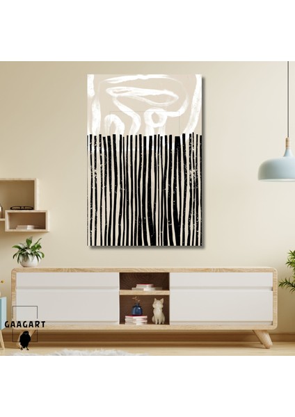 Tekli Dikey Kanvas Tablo Soyut Kremrengi Siyah Bohem Desen
