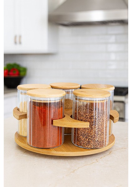 5'li Bambu Dönen Stantlı Yuvarlak Cam Baharatlık Seti Baharat Kaşıklı Çeyiz ve Mutfak Seti 400 ml