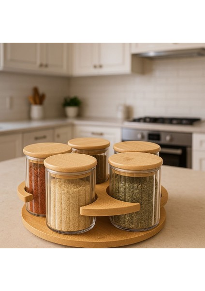 5'li Bambu Dönen Stantlı Yuvarlak Cam Baharatlık Seti Baharat Kaşıklı Çeyiz ve Mutfak Seti 400 ml fiyatları