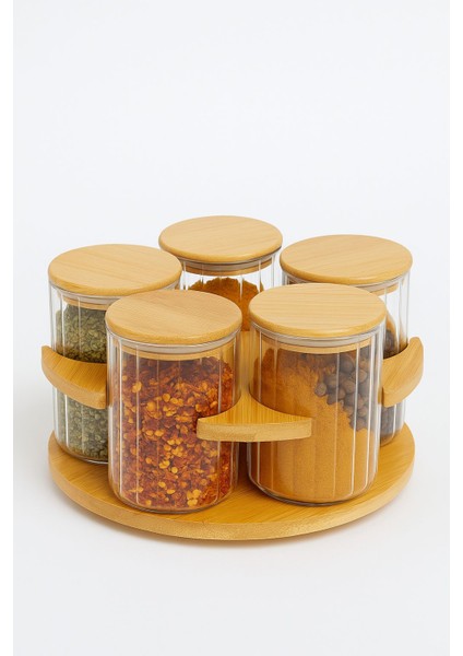 5'li Bambu Dönen Stantlı Yuvarlak Cam Baharatlık Seti Baharat Kaşıklı Çeyiz ve Mutfak Seti 400 ml modelleri