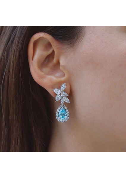 Damla Aquamarine Çiçek Gümüş Küpe