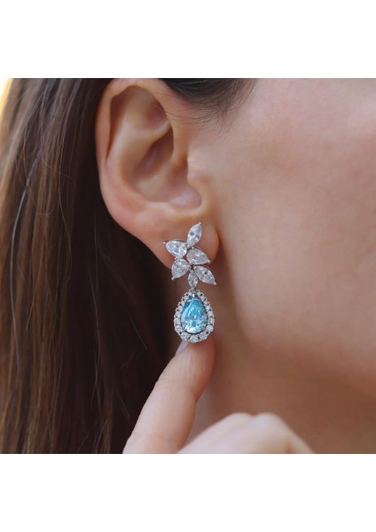 Damla Aquamarine Çiçek Gümüş Küpe modelleri