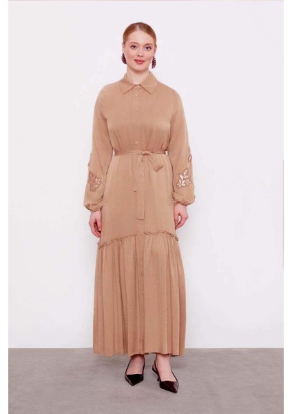 Camel Taş Işleme Detaylı Cupra Elbise