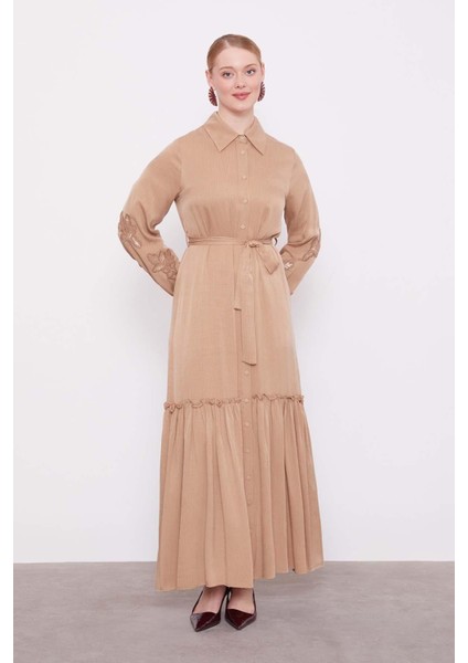 Camel Taş Işleme Detaylı Cupra Elbise