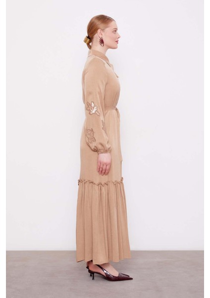 Camel Taş Işleme Detaylı Cupra Elbise