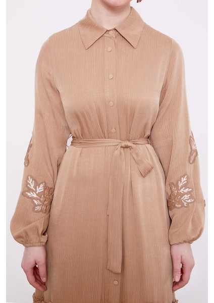Camel Taş Işleme Detaylı Cupra Elbise