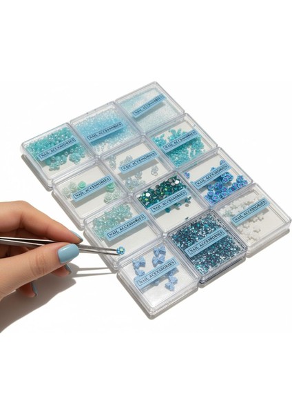 Mavi Nail Art Tırnak Süsleme Seti 12 Bölmeli | Boncuk, Çiçek, Kurdele, Pul ve Parıltı