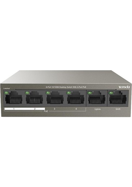 Tenda TEF1106P 6 Port 4 Port Poe+ 10-100 + 2 Port Uplink Switch Çelik Kasa Rack Mount