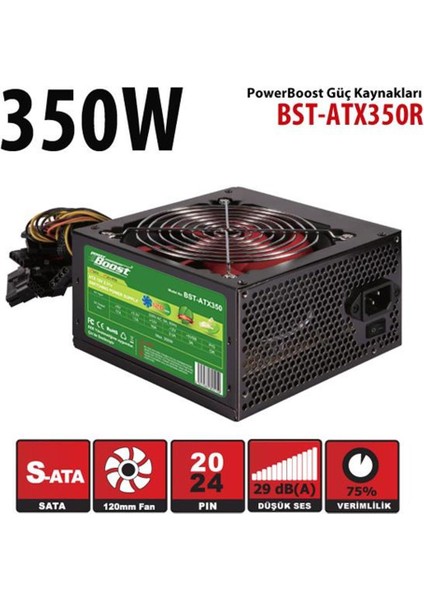 Powerboost BST-ATX350R 350W, Ppfc 12CM Kırmızı Fanlı Atx Psu (Retail Box)