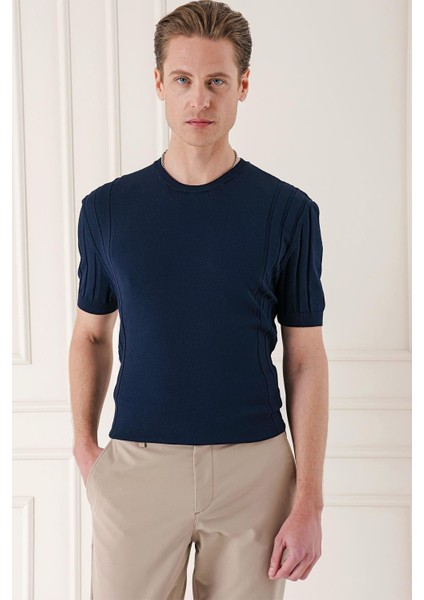 Slim Fit Bisiklet Yaka Kısa Kol Lacivert Triko Tr 869